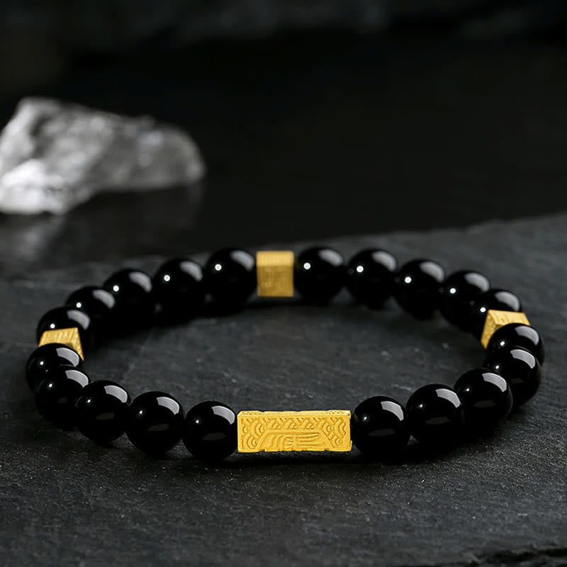 Pulsera de fuerza con forma de cubo y personaje Fu en plata de ley 925 con obsidiana negra y Buddha Stones - image 1