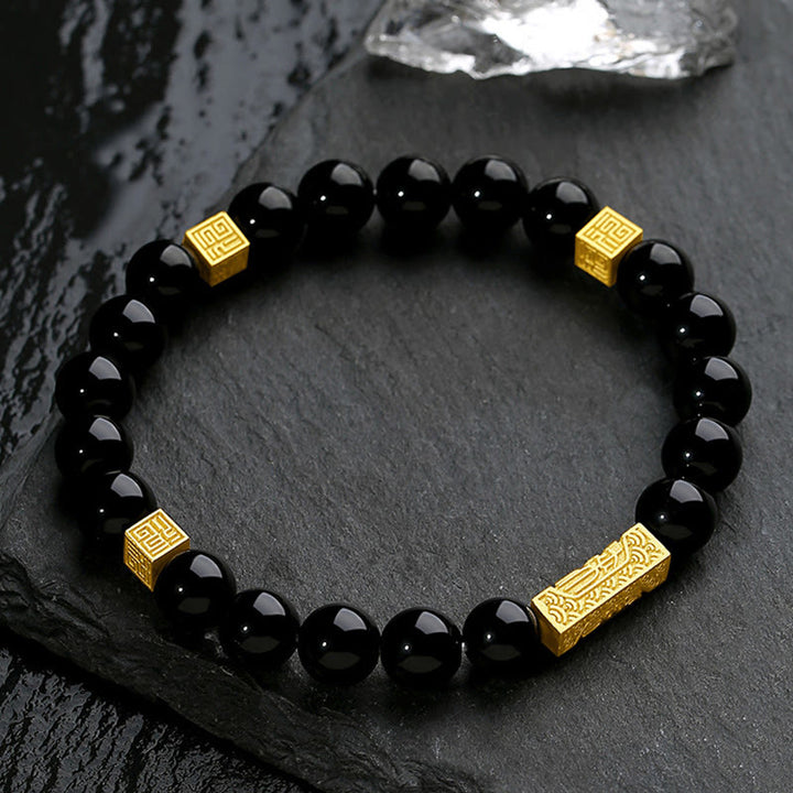 Pulsera de fuerza con forma de cubo y personaje Fu en plata de ley 925 con obsidiana negra y Buddha Stones - image 2