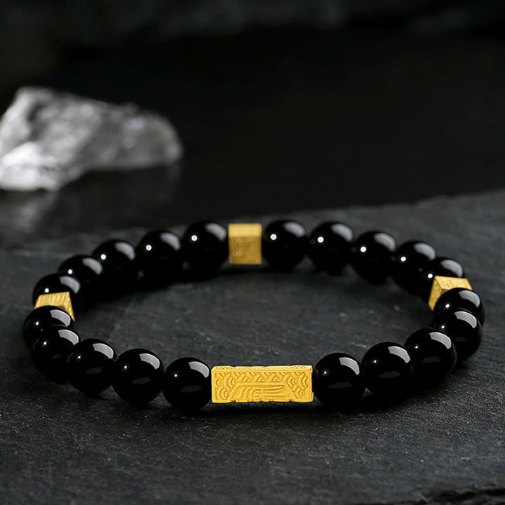 Pulsera de fuerza con forma de cubo y personaje Fu en plata de ley 925 con obsidiana negra y Buddha Stones - image 1