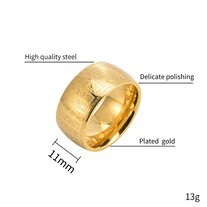 Anillo de equilibrio de acero y titanio con diseño grabado de caracteres chinos y Buddha Stones