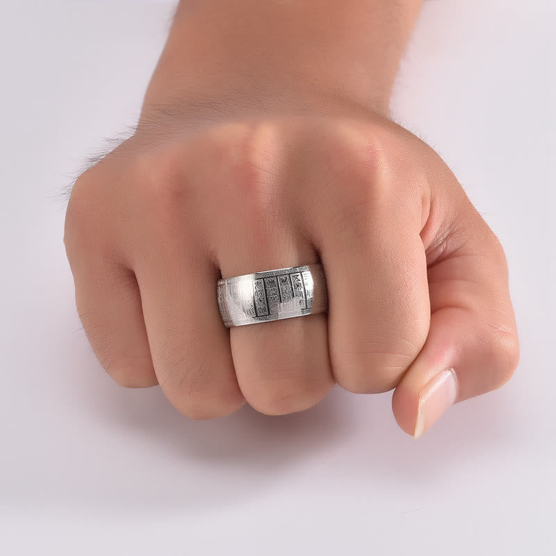 Anillo de equilibrio de acero y titanio con diseño grabado de caracteres chinos y Buddha Stones