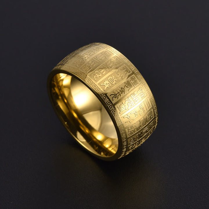 Anillo de equilibrio de acero y titanio con diseño grabado de caracteres chinos y Buddha Stones