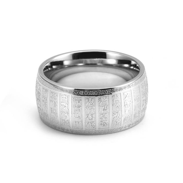 Anillo de equilibrio de acero y titanio con diseño grabado de caracteres chinos y Buddha Stones