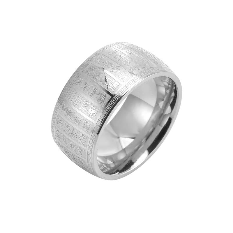 Anillo de equilibrio de acero y titanio con diseño grabado de caracteres chinos y Buddha Stones