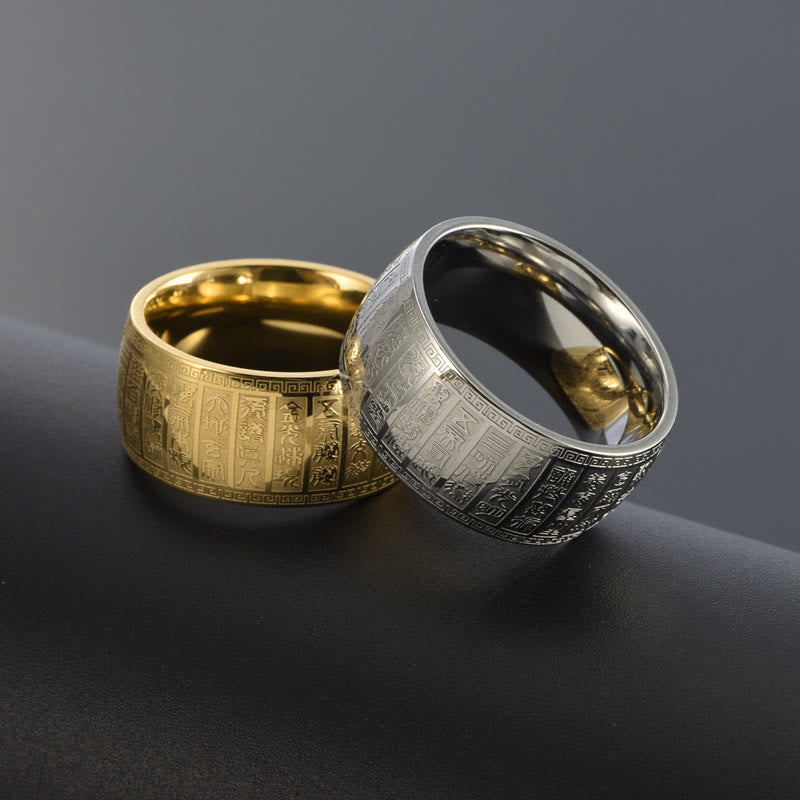 Anillo de equilibrio de acero y titanio con diseño grabado de caracteres chinos y Buddha Stones