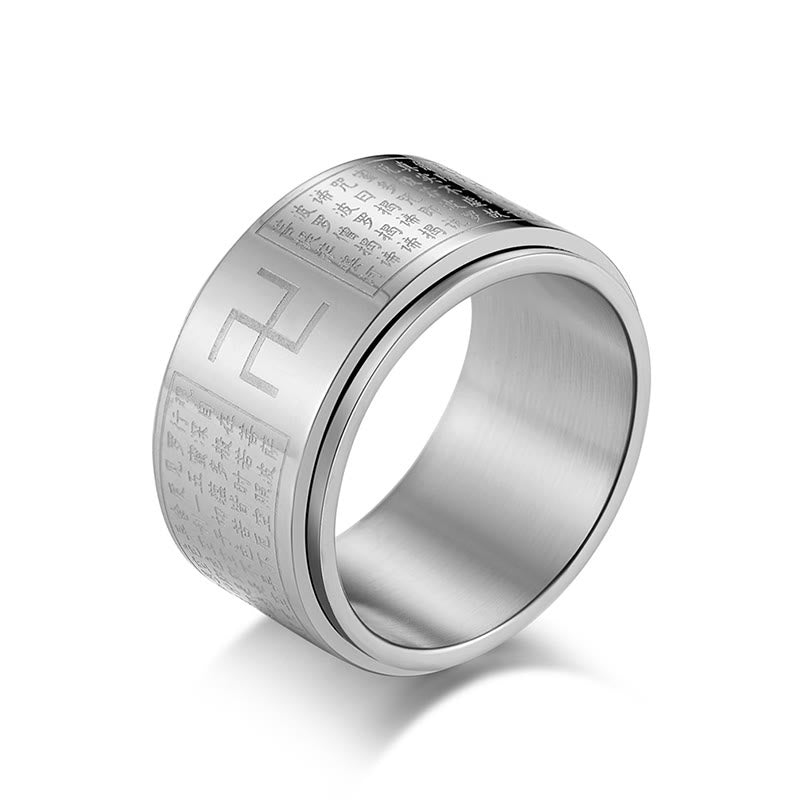 Anillo giratorio de acero y titanio con sutras y esvásticas de Buddha Stones