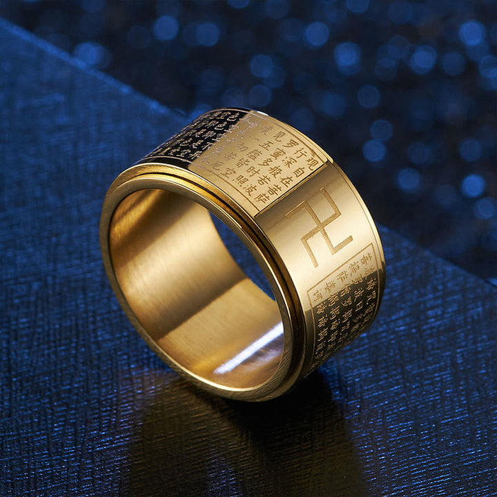 Anillo giratorio de acero y titanio con sutras y esvásticas de Buddha Stones