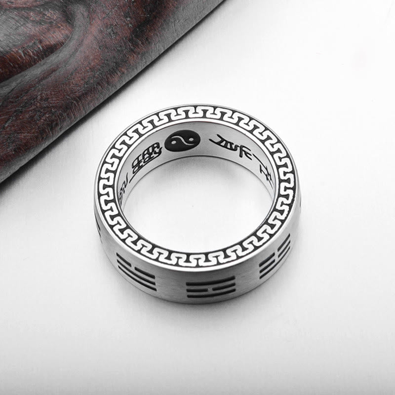 Anillo de armonía de acero y titanio con mantra taoísta de nueve caracteres y Buddha Stones Bagua Yin Yang