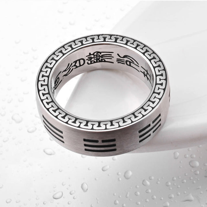 Anillo de armonía de acero y titanio con mantra taoísta de nueve caracteres y Buddha Stones Bagua Yin Yang