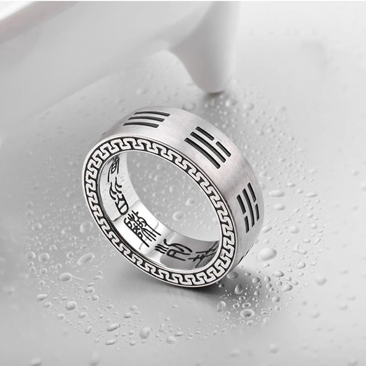 Anillo de armonía de acero y titanio con mantra taoísta de nueve caracteres y Buddha Stones Bagua Yin Yang