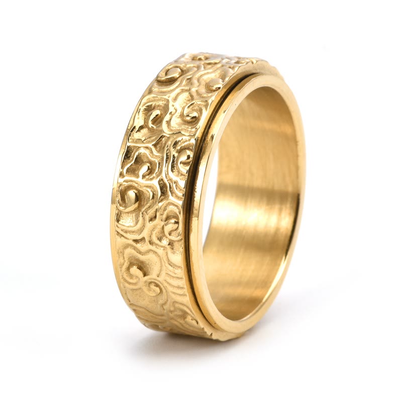 Anillo giratorio de equilibrio de acero de titanio tallado con patrón de nubes auspiciosas y Buddha Stones