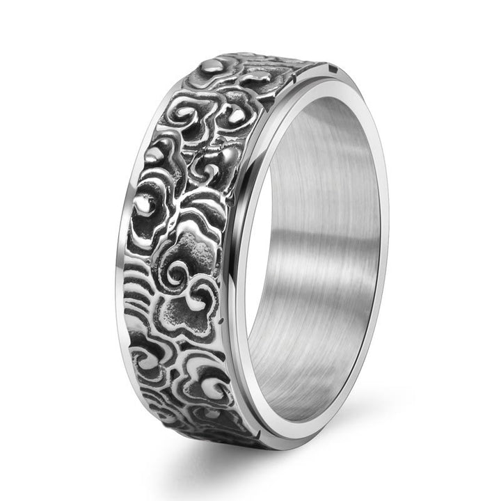Anillo giratorio de equilibrio de acero de titanio tallado con patrón de nubes auspiciosas y Buddha Stones