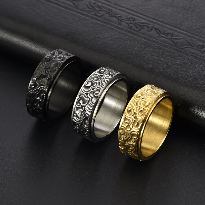 Anillo giratorio de equilibrio de acero de titanio tallado con patrón de nubes auspiciosas y Buddha Stones