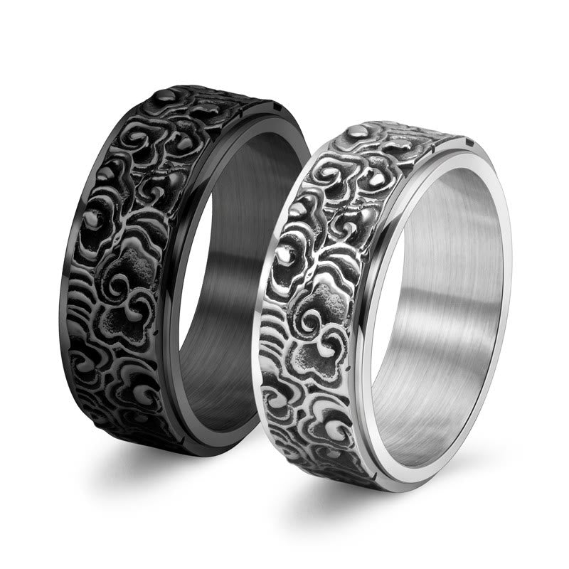 Anillo giratorio de equilibrio de acero de titanio tallado con patrón de nubes auspiciosas y Buddha Stones