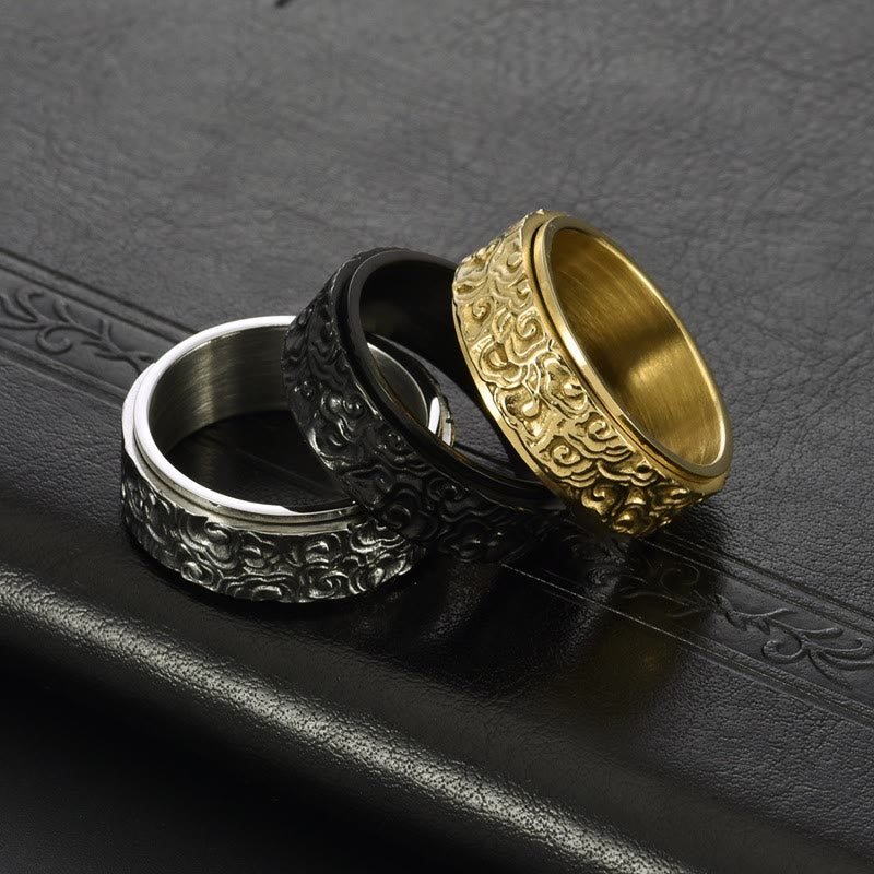 Anillo giratorio de equilibrio de acero de titanio tallado con patrón de nubes auspiciosas y Buddha Stones