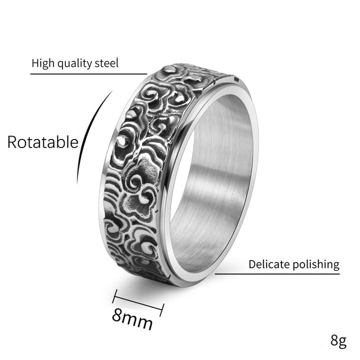 Anillo giratorio de equilibrio de acero de titanio tallado con patrón de nubes auspiciosas y Buddha Stones