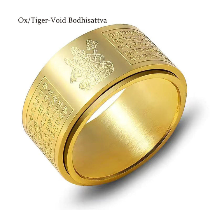 Anillo giratorio de acero de titanio tallado con sutra del corazón de Buda con Buddha Stones del zodíaco chino