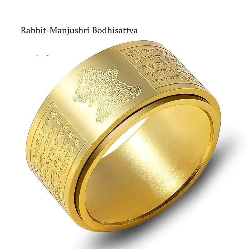Anillo giratorio de acero de titanio tallado con sutra del corazón de Buda con Buddha Stones del zodíaco chino
