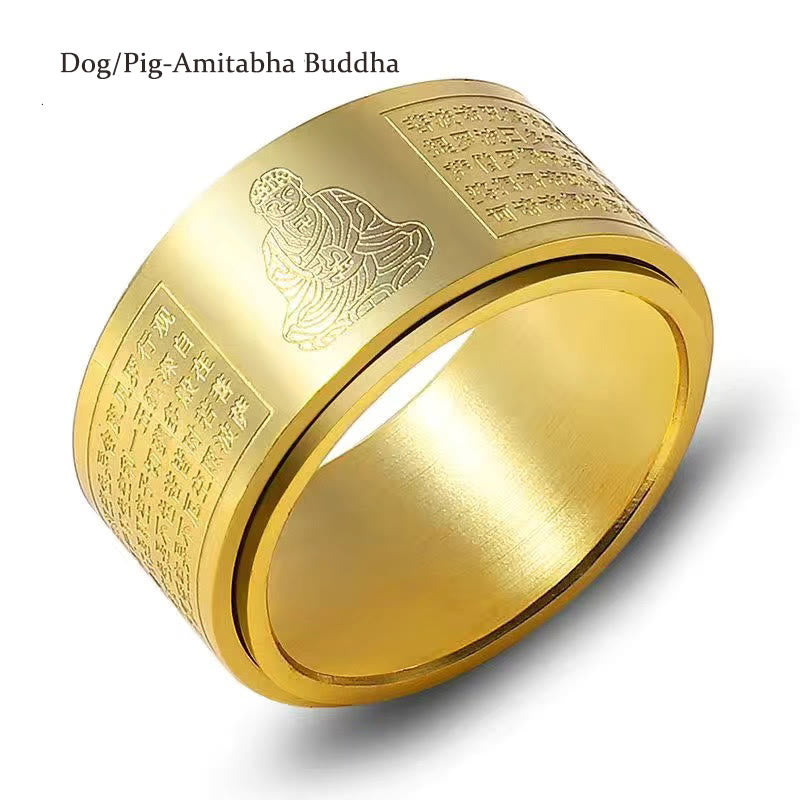 Anillo giratorio de acero de titanio tallado con sutra del corazón de Buda con Buddha Stones del zodíaco chino