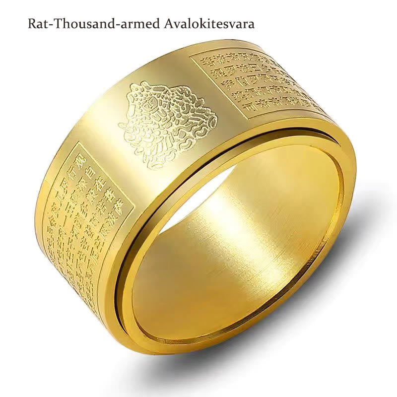 Anillo giratorio de acero de titanio tallado con sutra del corazón de Buda con Buddha Stones del zodíaco chino