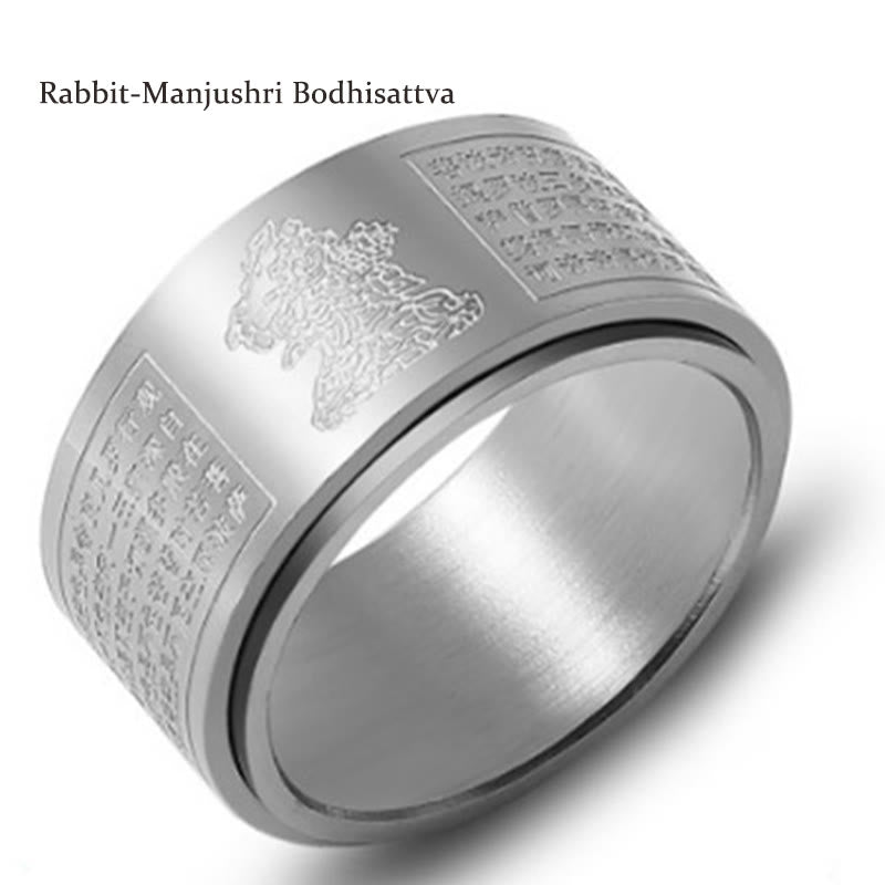 Anillo giratorio de acero de titanio tallado con sutra del corazón de Buda con Buddha Stones del zodíaco chino