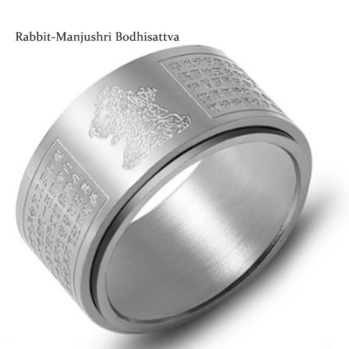 Anillo giratorio de acero de titanio tallado con sutra del corazón de Buda con Buddha Stones del zodíaco chino