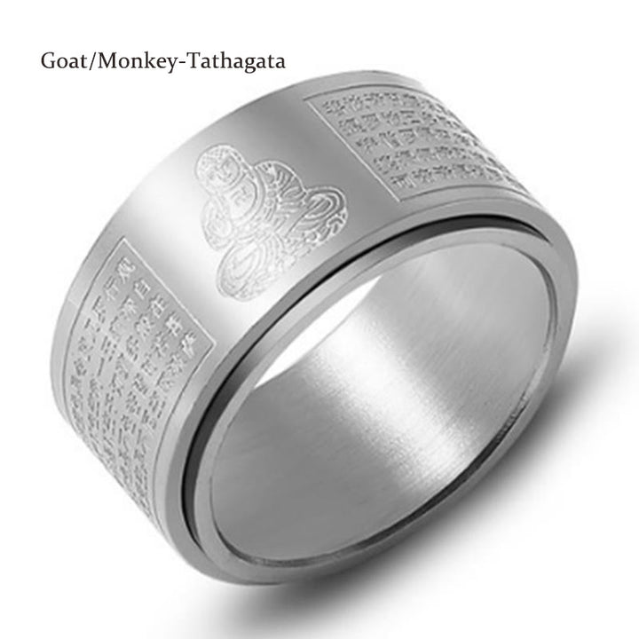 Anillo giratorio de acero de titanio tallado con sutra del corazón de Buda con Buddha Stones del zodíaco chino