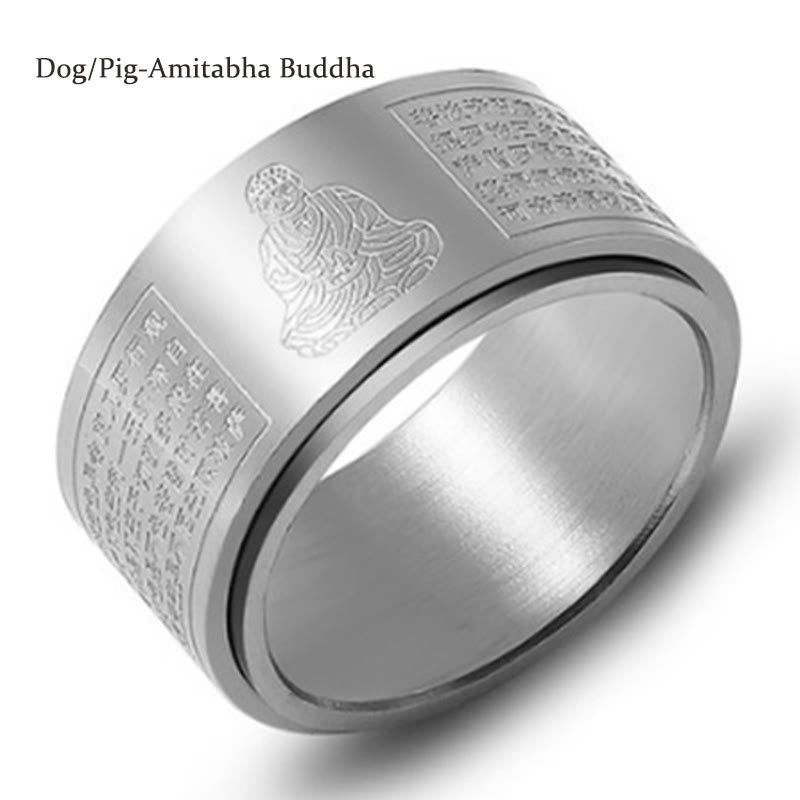Anillo giratorio de acero de titanio tallado con sutra del corazón de Buda con Buddha Stones del zodíaco chino