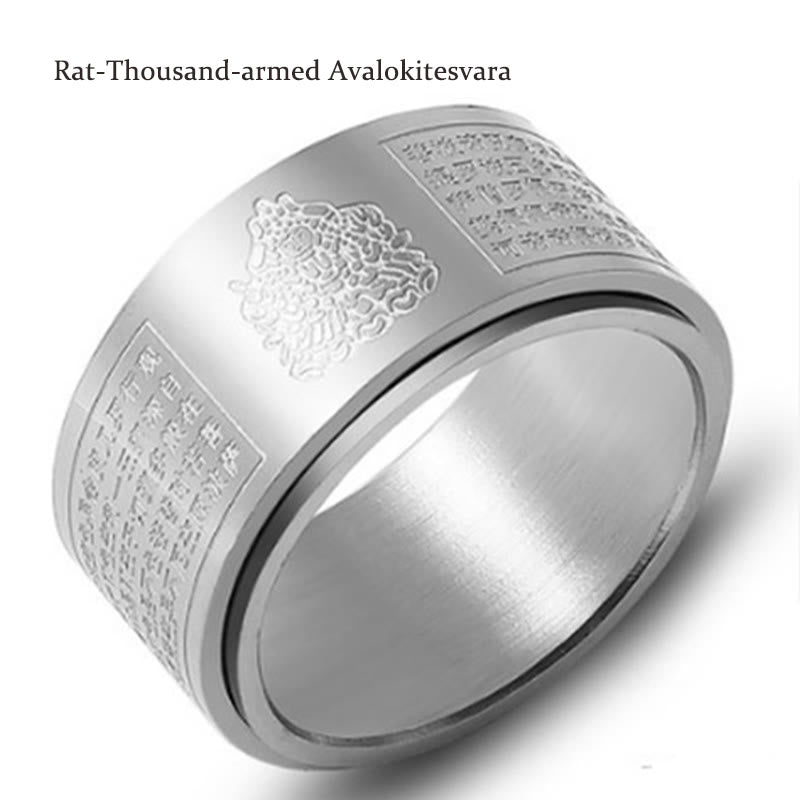 Anillo giratorio de acero de titanio tallado con sutra del corazón de Buda con Buddha Stones del zodíaco chino