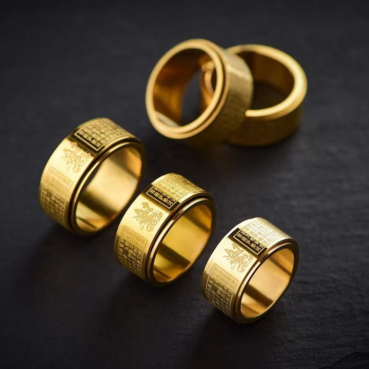Anillo giratorio de acero de titanio tallado con sutra del corazón de Buda con Buddha Stones del zodíaco chino
