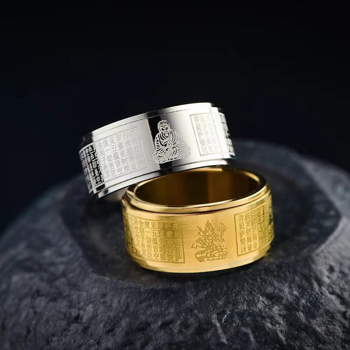 Anillo giratorio de acero de titanio tallado con sutra del corazón de Buda con Buddha Stones del zodíaco chino