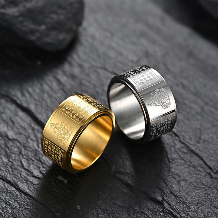 Anillo giratorio de acero de titanio tallado con sutra del corazón de Buda con Buddha Stones del zodíaco chino