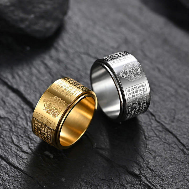 Anillo giratorio de acero de titanio tallado con sutra del corazón de Buda con Buddha Stones del zodíaco chino