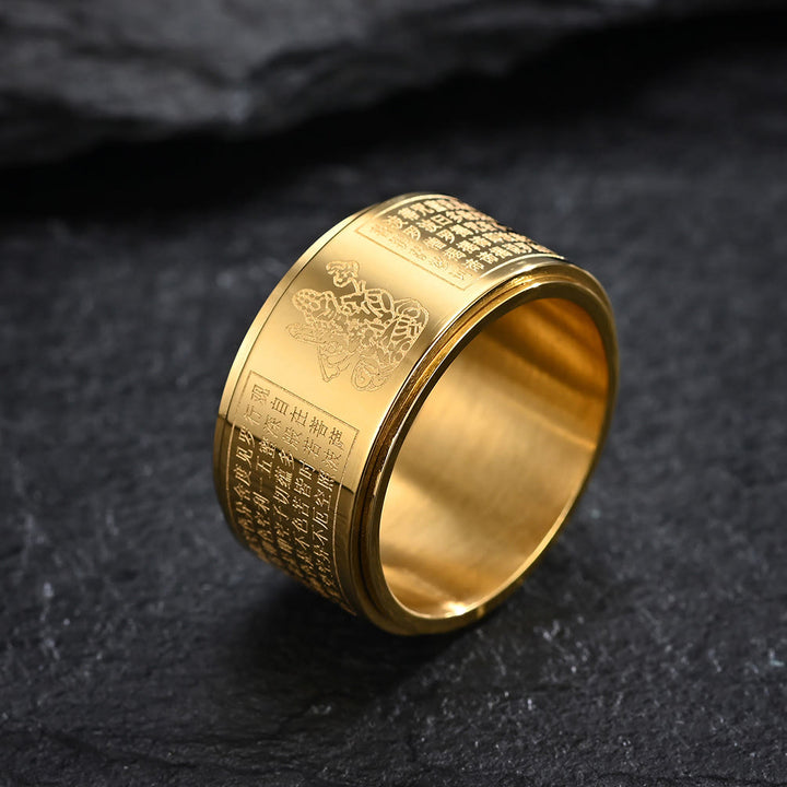Anillo giratorio de acero de titanio tallado con sutra del corazón de Buda con Buddha Stones del zodíaco chino