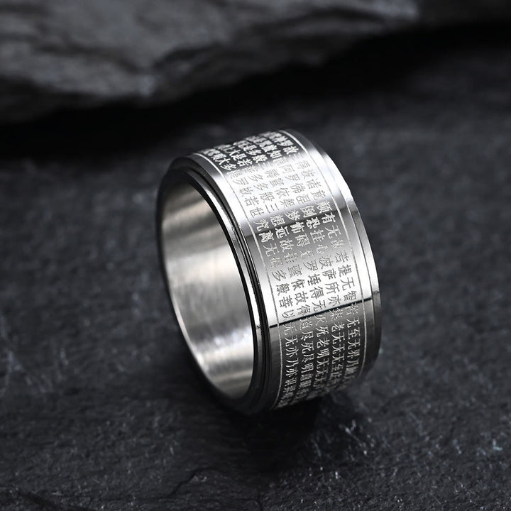 Anillo giratorio de acero de titanio tallado con sutra del corazón de Buda con Buddha Stones del zodíaco chino