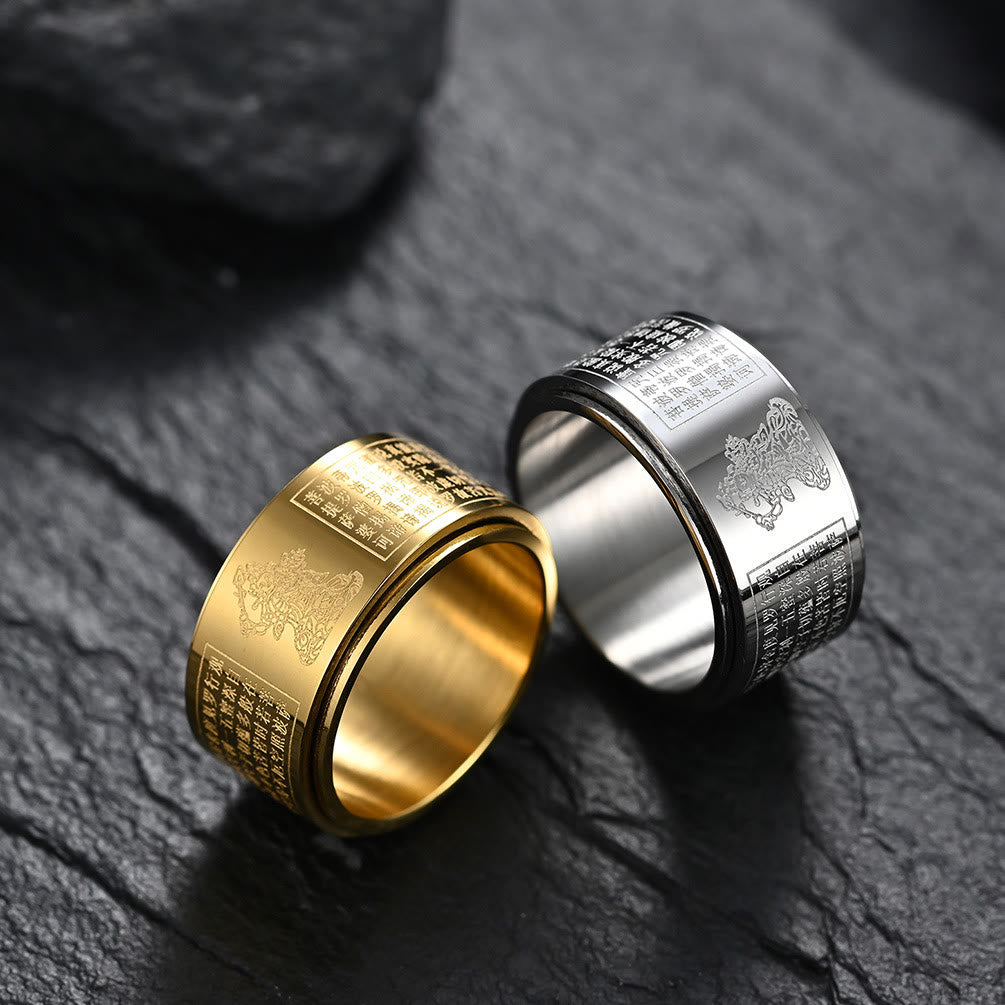Anillo giratorio de acero de titanio tallado con sutra del corazón de Buda con Buddha Stones del zodíaco chino