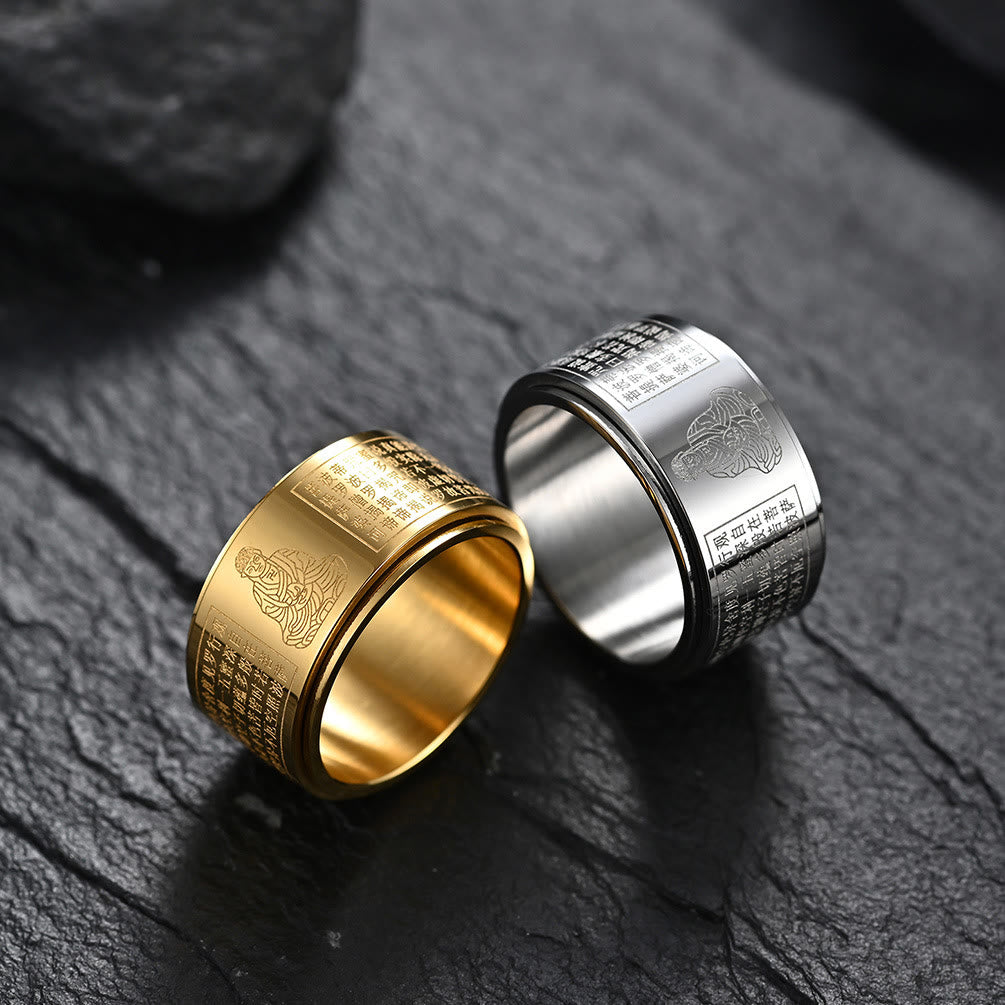 Anillo giratorio de acero de titanio tallado con sutra del corazón de Buda con Buddha Stones del zodíaco chino