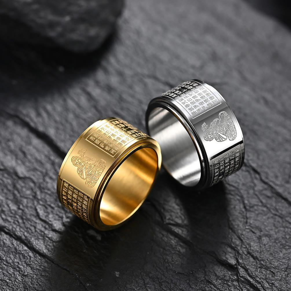 Anillo giratorio de acero de titanio tallado con sutra del corazón de Buda con Buddha Stones del zodíaco chino