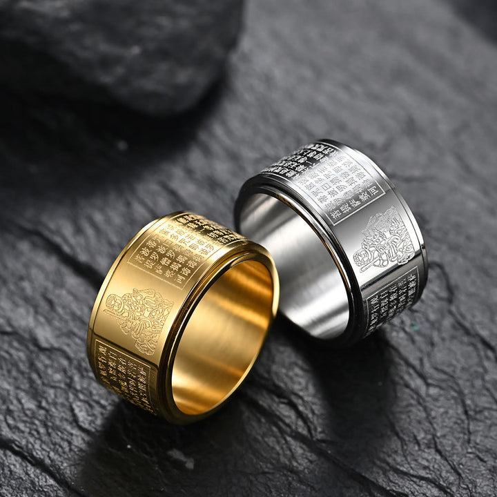 Anillo giratorio de acero de titanio tallado con sutra del corazón de Buda con Buddha Stones del zodíaco chino