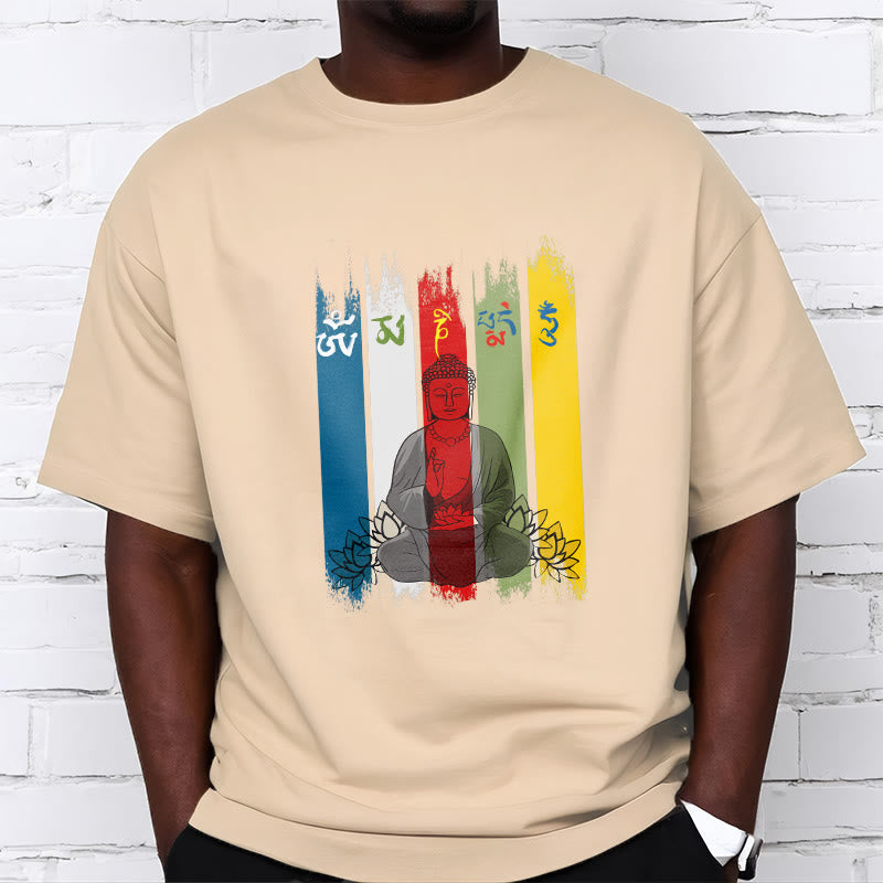 Camiseta de algodón con seis palabras verdaderas de Buddha Stones , "Om Mani Padme Hum", Buda sentado con loto - image 13