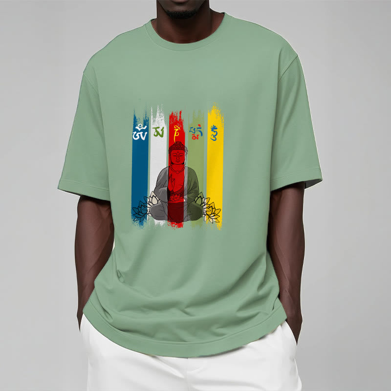 Camiseta de algodón con seis palabras verdaderas de Buddha Stones , "Om Mani Padme Hum", Buda sentado con loto - image 20