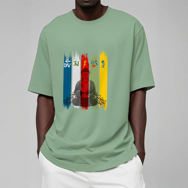 Camiseta de algodón con seis palabras verdaderas de Buddha Stones , "Om Mani Padme Hum", Buda sentado con loto - image 20