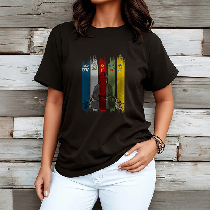 Camiseta de algodón con seis palabras verdaderas de Buddha Stones , "Om Mani Padme Hum", Buda sentado con loto - image 5