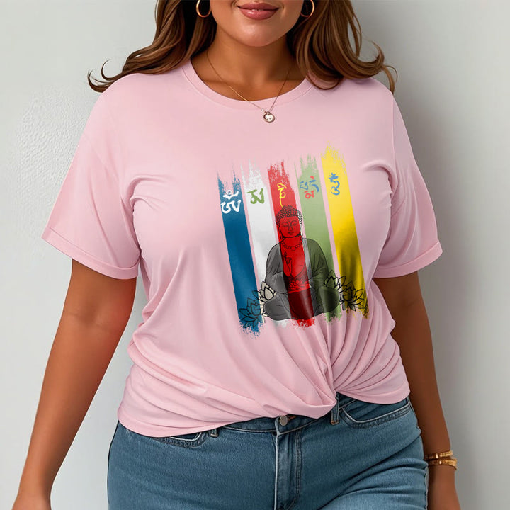 Camiseta de algodón con seis palabras verdaderas de Buddha Stones , "Om Mani Padme Hum", Buda sentado con loto - image 15