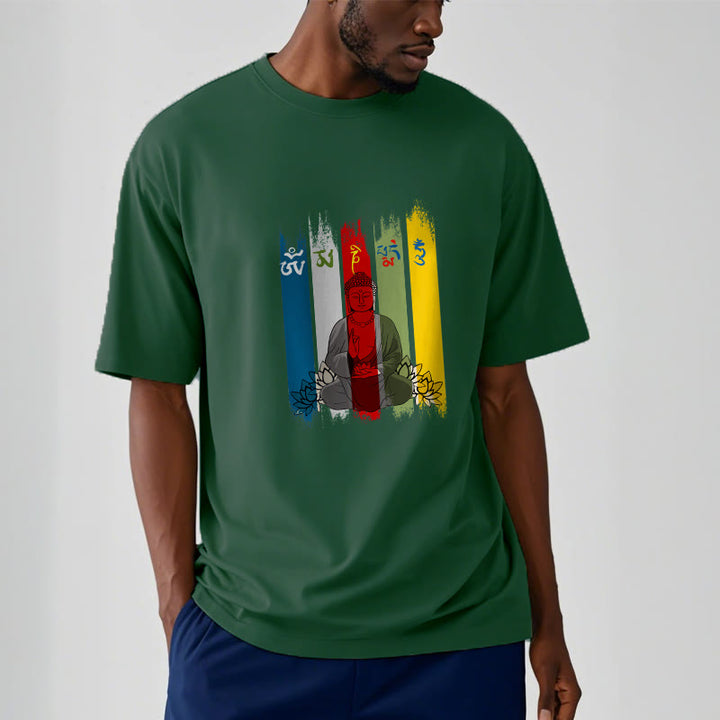 Camiseta de algodón con seis palabras verdaderas de Buddha Stones , "Om Mani Padme Hum", Buda sentado con loto - image 7