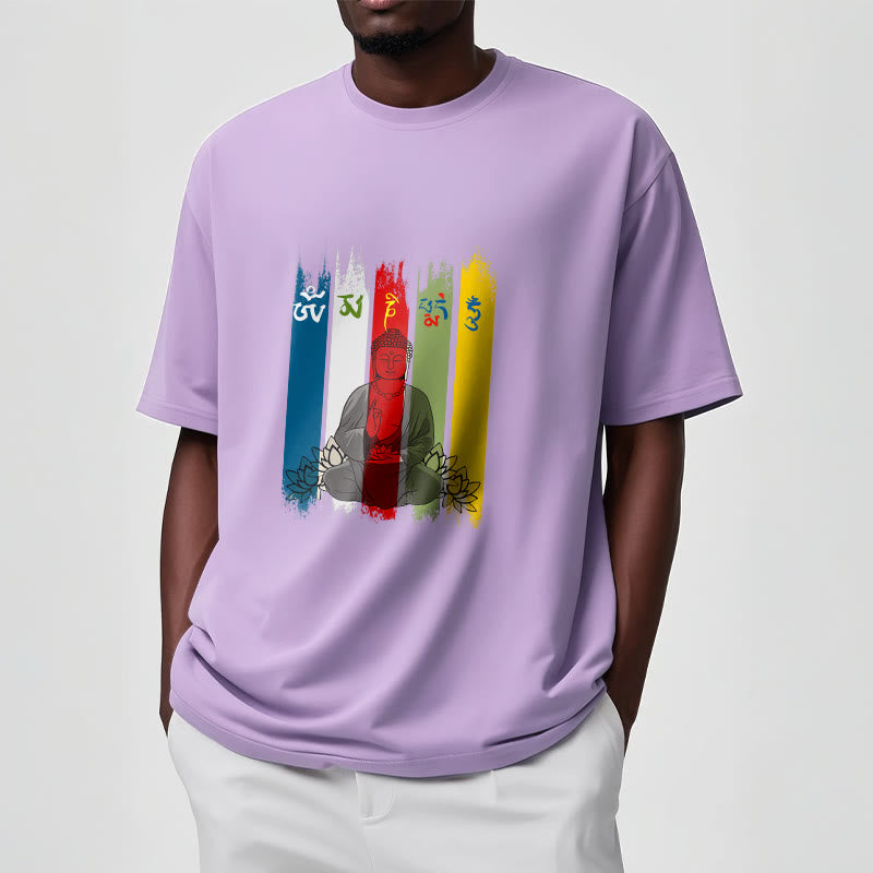 Camiseta de algodón con seis palabras verdaderas de Buddha Stones , "Om Mani Padme Hum", Buda sentado con loto - image 17