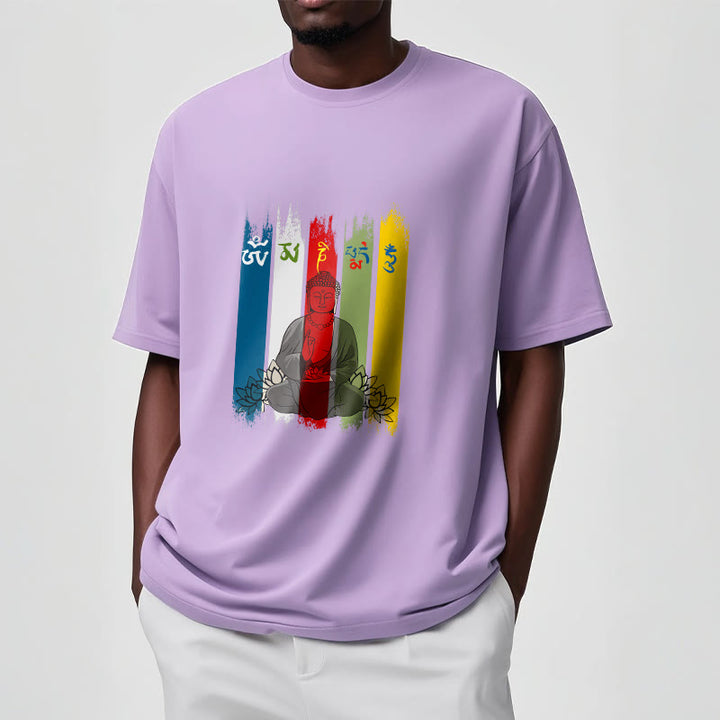 Camiseta de algodón con seis palabras verdaderas de Buddha Stones , "Om Mani Padme Hum", Buda sentado con loto - image 17