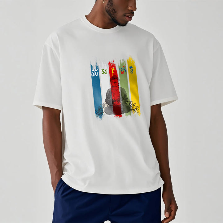 Camiseta de algodón con seis palabras verdaderas de Buddha Stones , "Om Mani Padme Hum", Buda sentado con loto - image 10