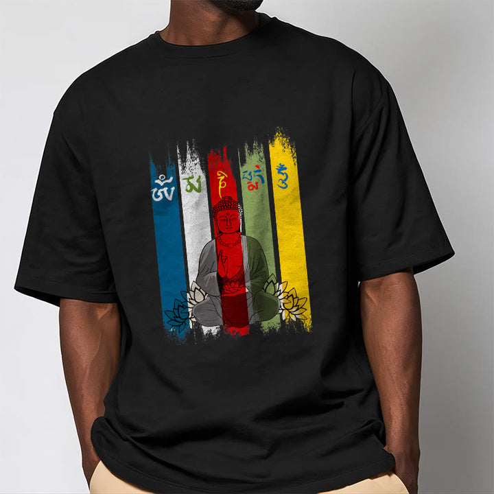 Camiseta de algodón con seis palabras verdaderas de Buddha Stones , "Om Mani Padme Hum", Buda sentado con loto - image 3