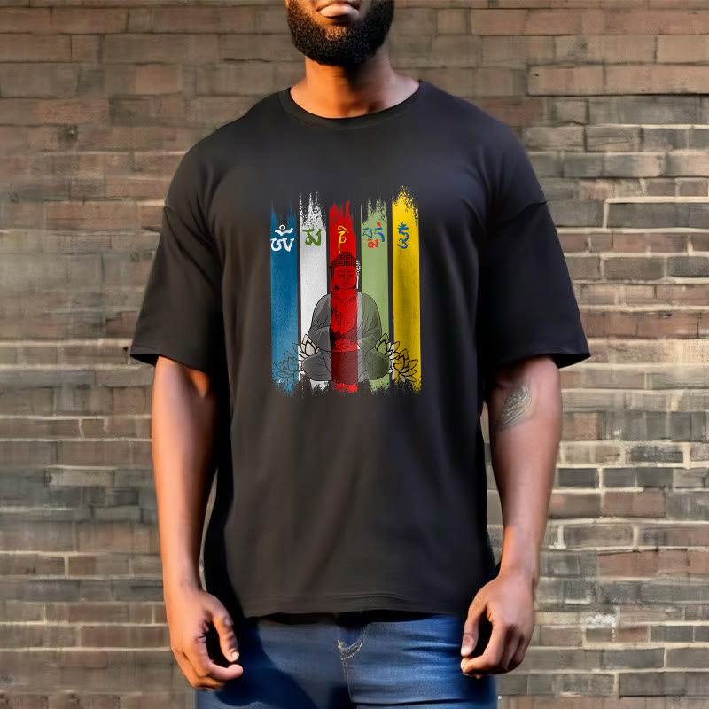 Camiseta de algodón con seis palabras verdaderas de Buddha Stones , "Om Mani Padme Hum", Buda sentado con loto - image 5